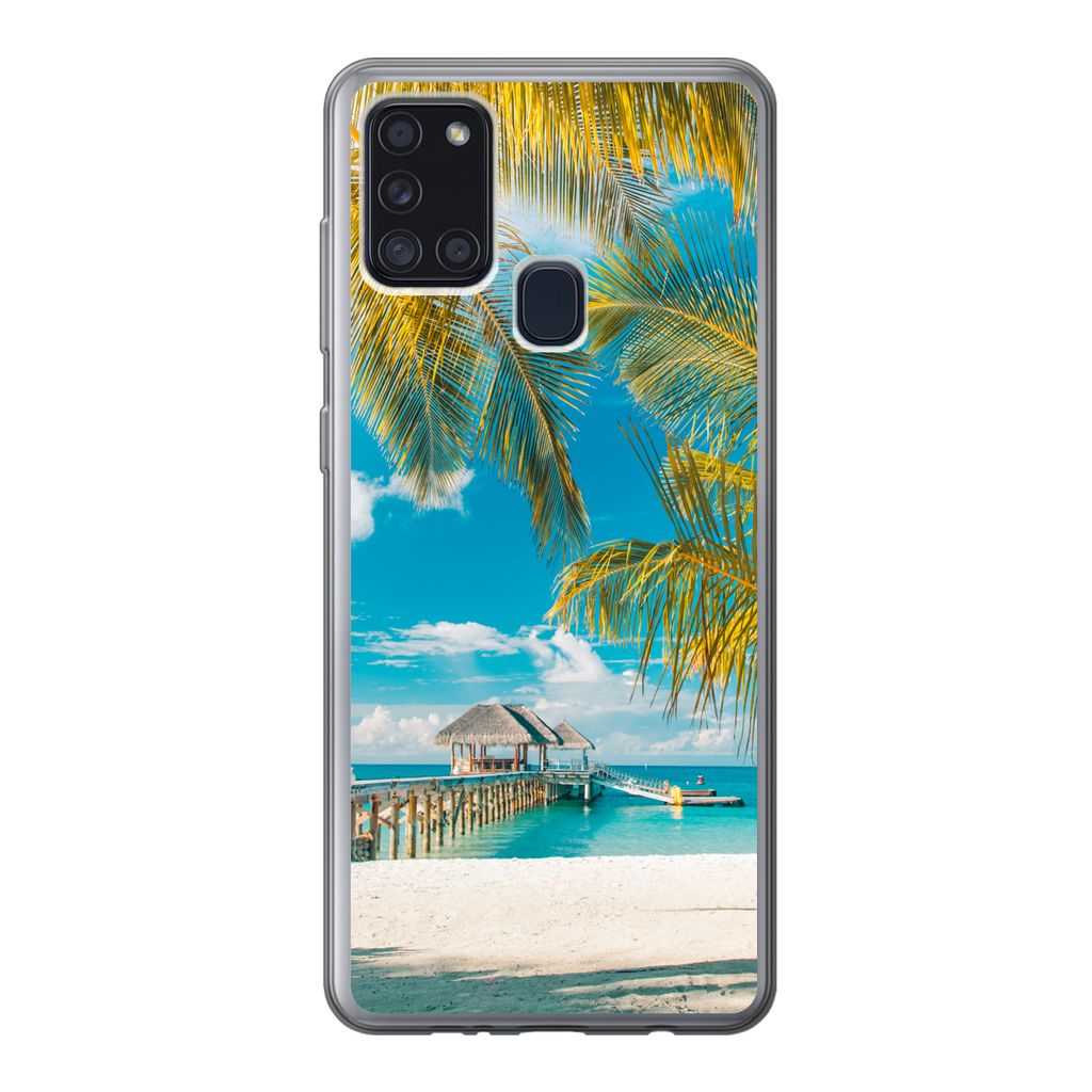 MuchoWow Handyhülle Schutzhülle Hülle für Samsung Galaxy A21s Strand - Palme - Meer Silikon Softcase Handy Hülle - Hartschale