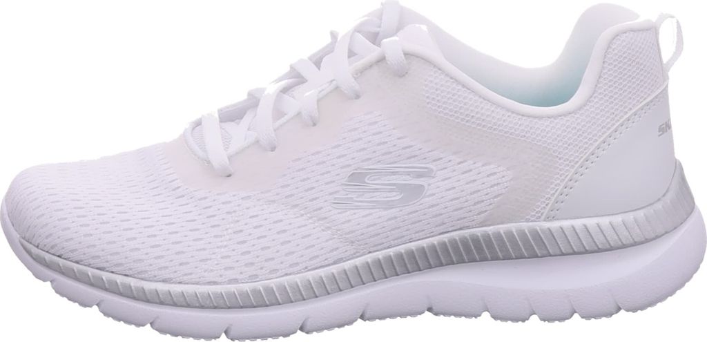 A side view of a white Skechers sneaker.