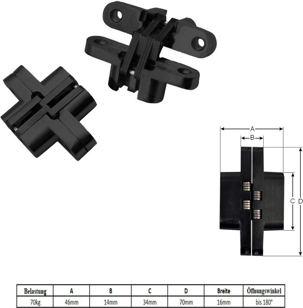 2x Edelstahl 180° Kreuz Schwerlastscharnier verdeckte Montage Scharnier Schwarz 70kg
