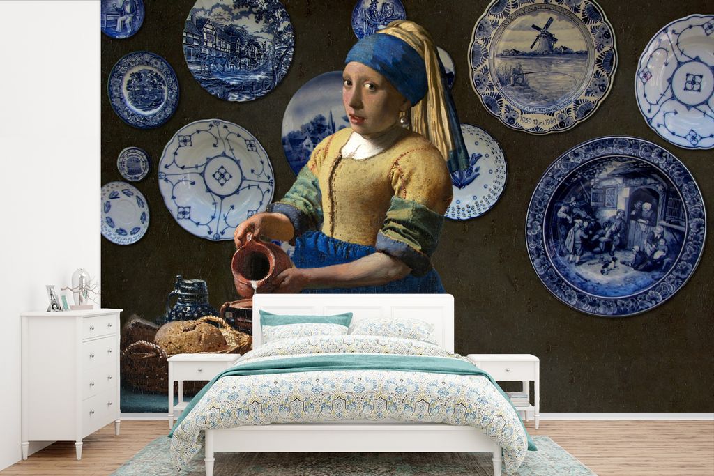 MuchoWow Fototapete für Wohnzimmer oder Schlafzimmer Wandtapete Vinyl Motivtapete Mädchen mit Perlenohrring - Milchmädchen - Delfter Blau - 33...