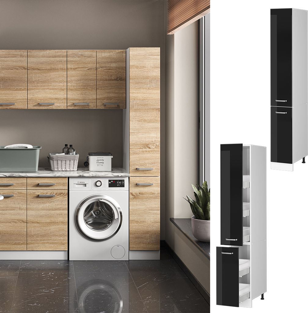 Hochschrank Vicco R-Line Schwarz Hochglanz 30 cm mit Türen, Model 41905