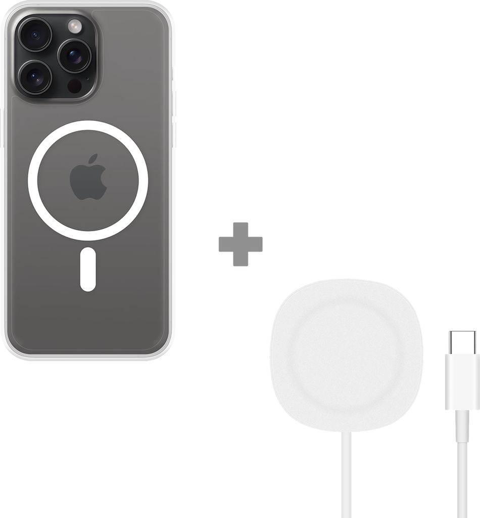 Cazy Weiches TPU Hülle geeignet für iPhone 15 Pro Max - mit Magnetischem Ring - Transparent + 2 in 1 Magnetisches Kabelloses Ladegerät 15W