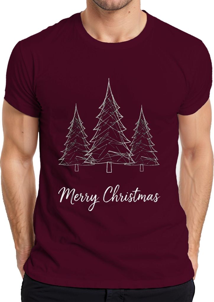 Merry Christmas Weihnachtsbaum Skizze Tannenbaum Handgezeichnet Herren T-Shirt, Burgundy, XXL
