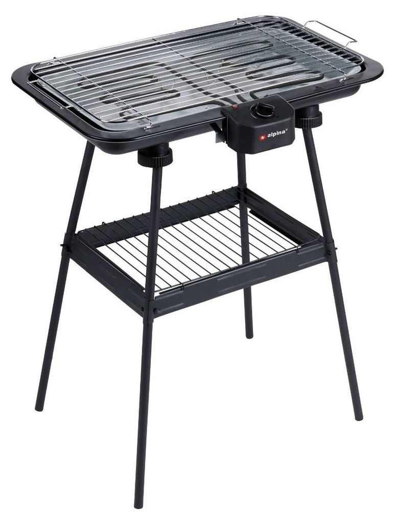 alpina Elektrogrill 2-In-1 2200W - Tischgrill mit Thermostat und Warmhaltefunktion - Grill Elektrisch mit Verstellbarem Rost - 51 x 30 cm - Schwarz