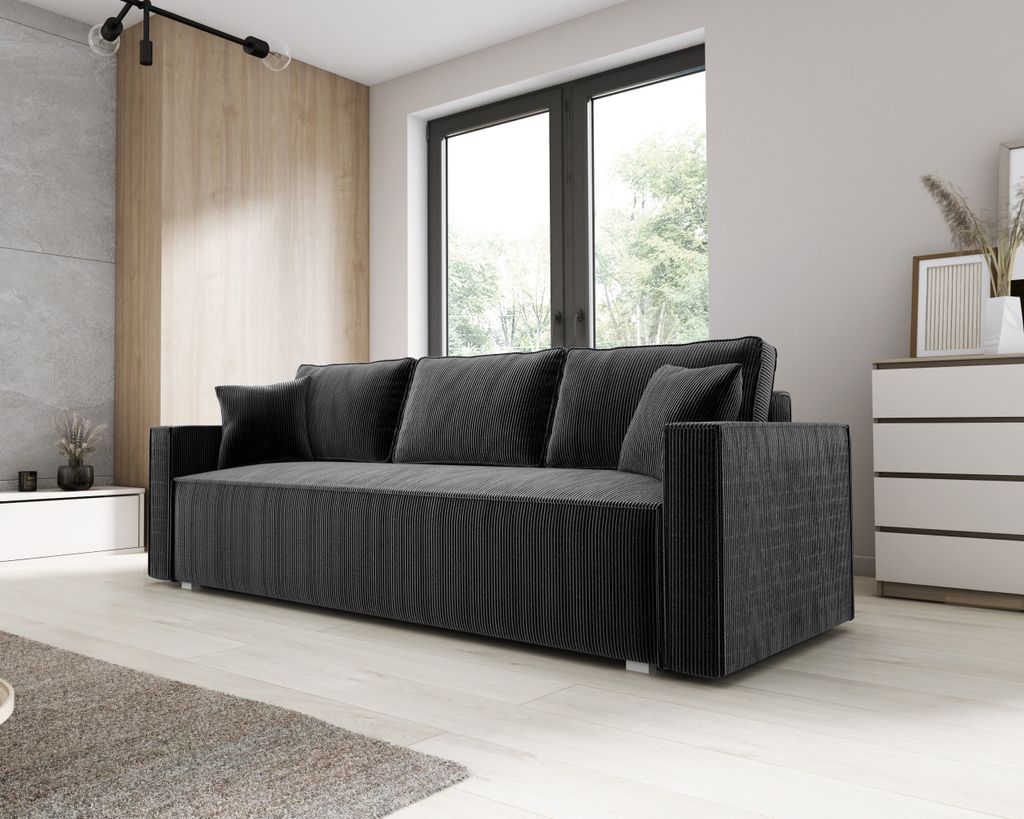 Sofa mit Schlaffunktion NOEMI Schlafsofa mit Bettkasten Couchgarnitur Couch Cordstoff Wohnzimmersofa Bettsofa Polstersofa Klappsofa Grau PS34