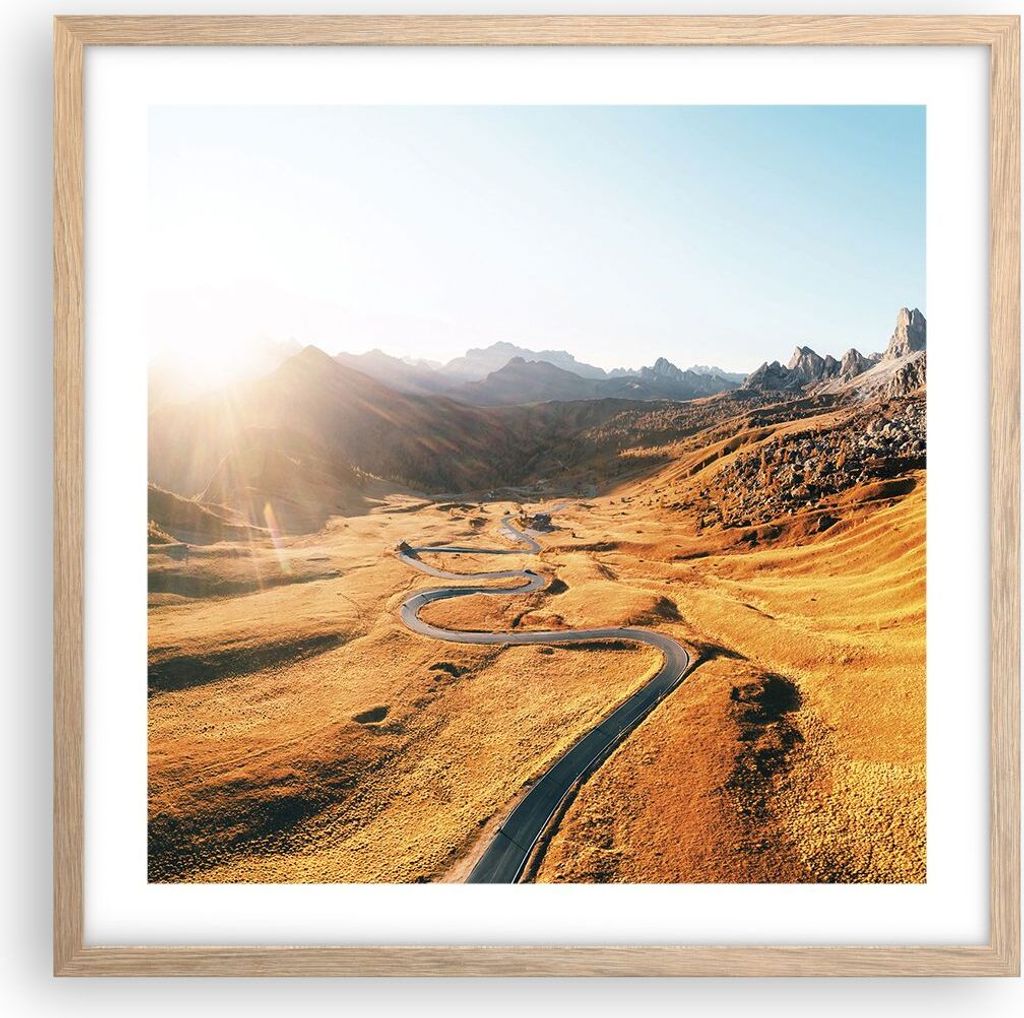 Gerahmtes Poster - Rahmen in heller Eiche - Sonne Berge Weg - 50x50 cm - Wand Bild - Wanddeko - Wandbilder - Kunstposter - Wandposter - Bilderrahme...