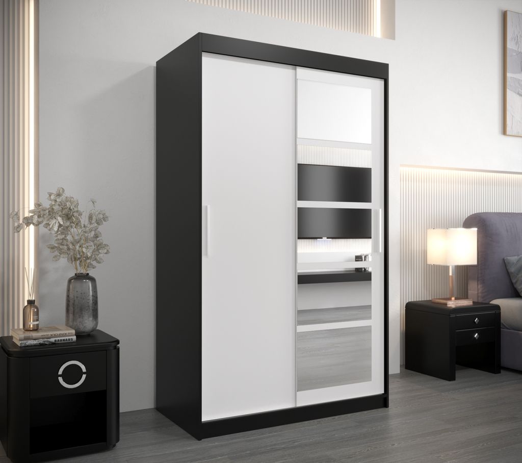 Kleiderschrank mit Spiegeln MARIE – Breite 120 cm, schwarz/weiß