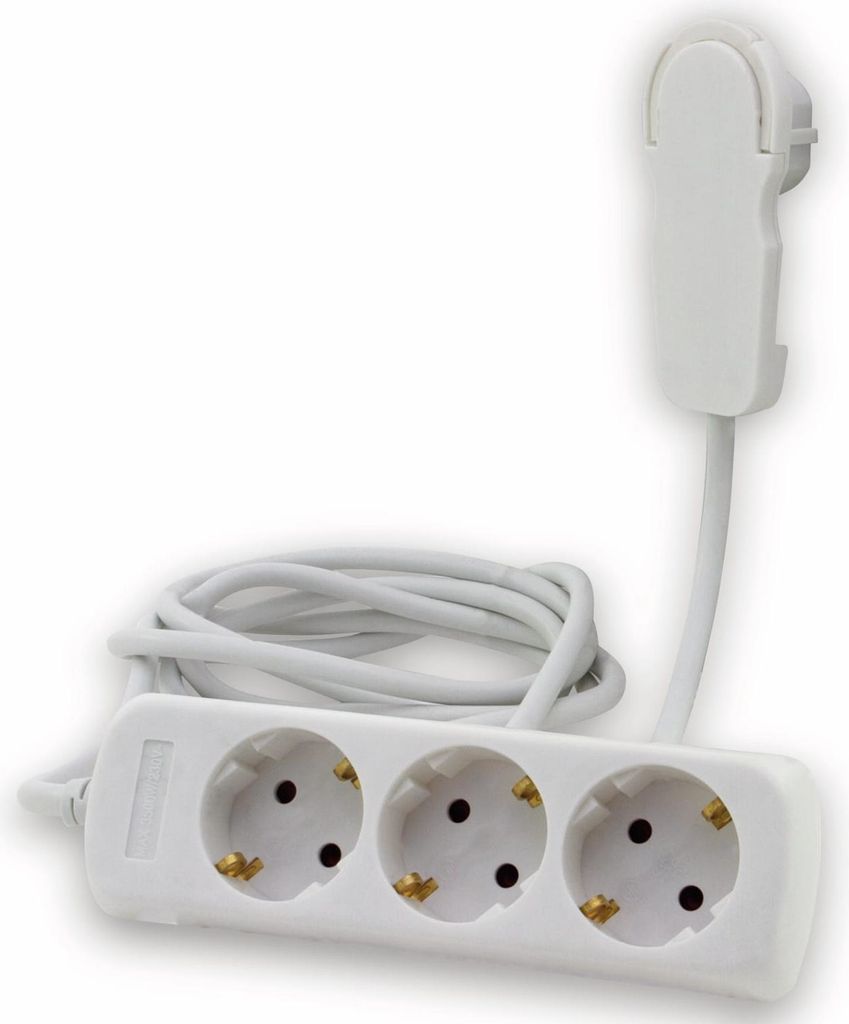 A white power strip with three outlets and a white cord and plug.