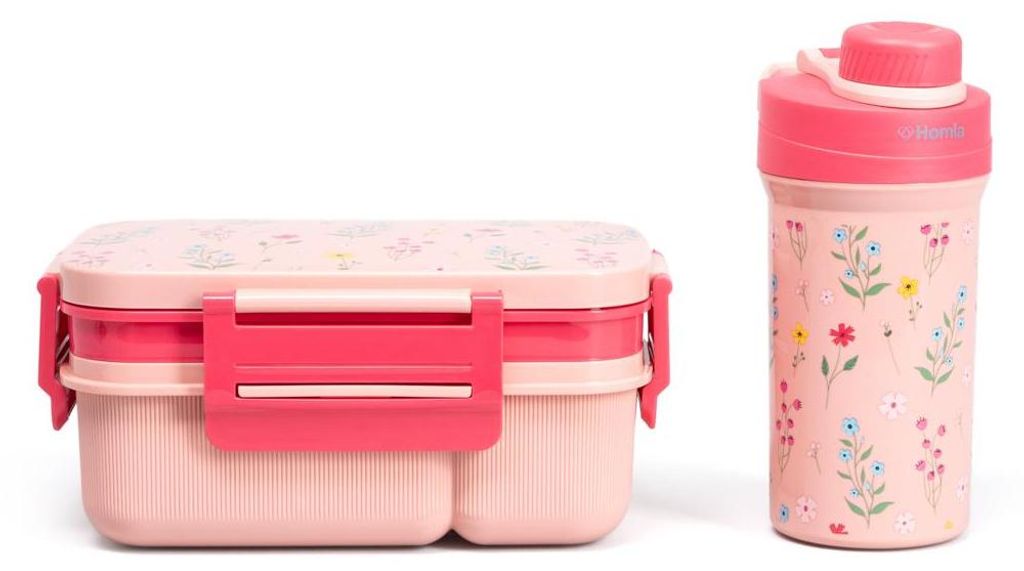 A pink lunchbox and a pink water bottle with a floral pattern are displayed against a white background.