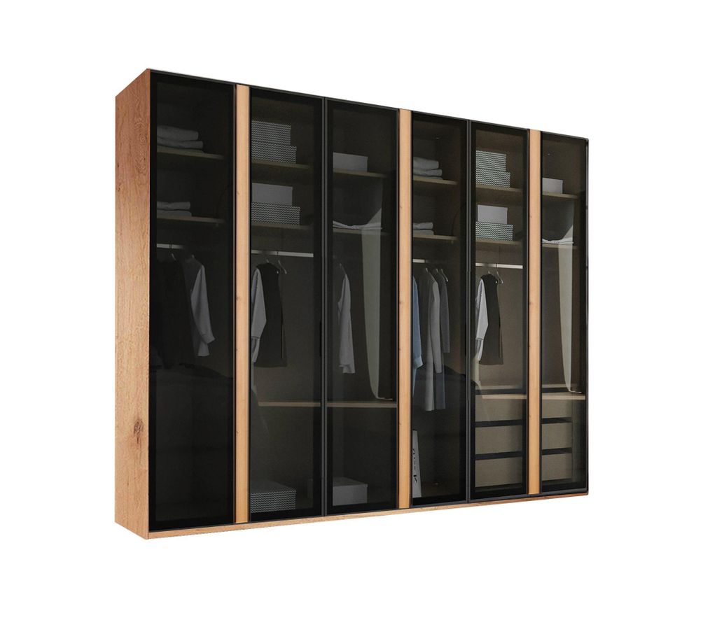 Kleiderschrank Drehtürenschrank Monaco mit transparentem Grauglas Maße ca.: B300 x H218 x T62cm Ausführung: Variante B Farbe: Korpus: Kernbuche ...