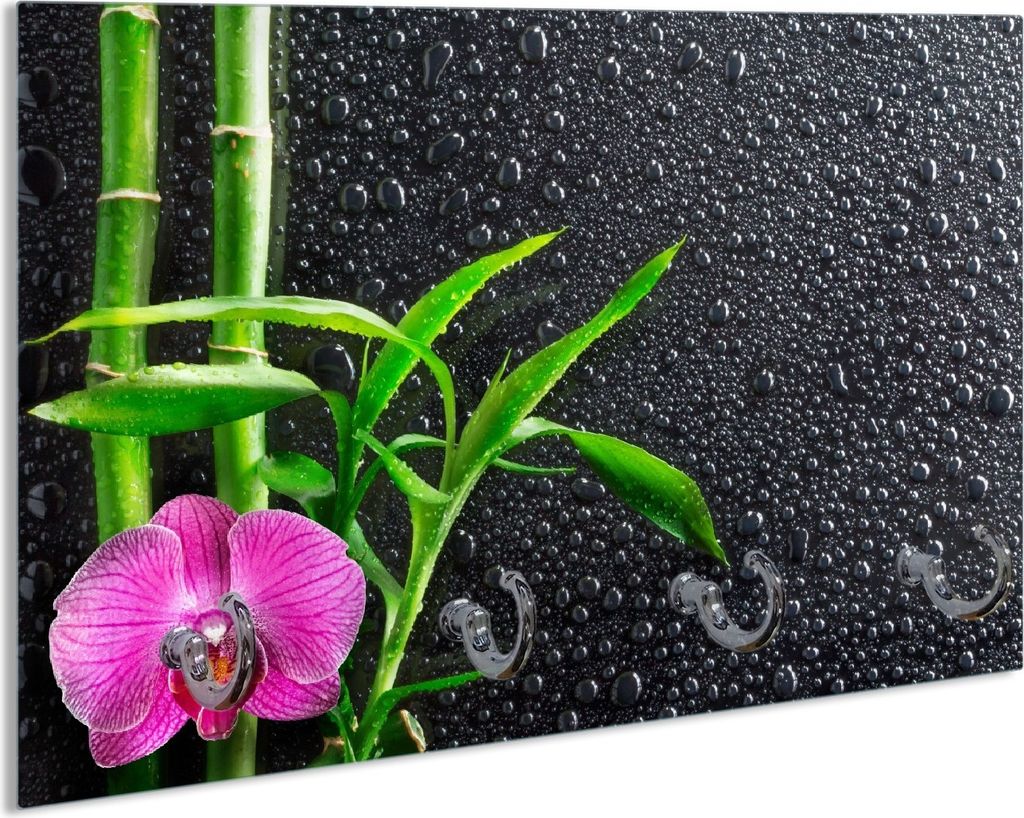 Wallario Schlüsselbrett aus Glas, Motiv: Bambus und pinke Orchidee auf schwarzem Glas mit Regentropfen, 30 x 20 cm mit 4 Haken