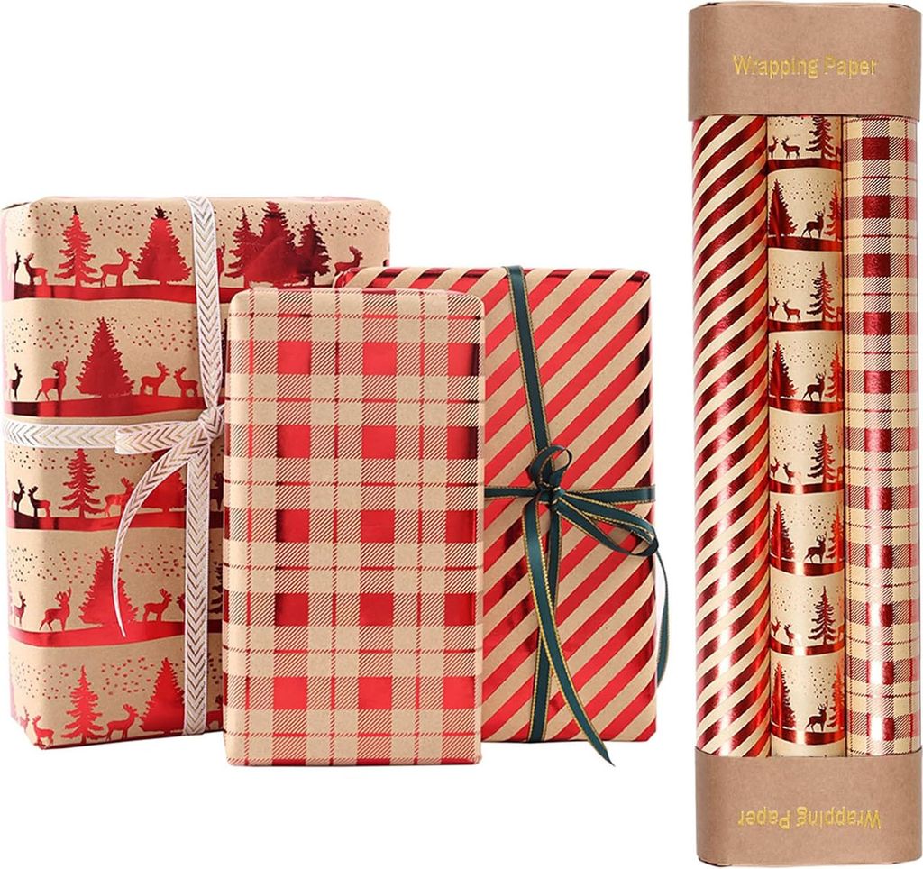 Weihnachtsgeschenkpapierrolle – 3 Rollen 17 x 120 Zoll Kraftpapier mit rotem Karomuster, Streifen und Weihnachtsrentier, perfekt zum Verpacken vo...