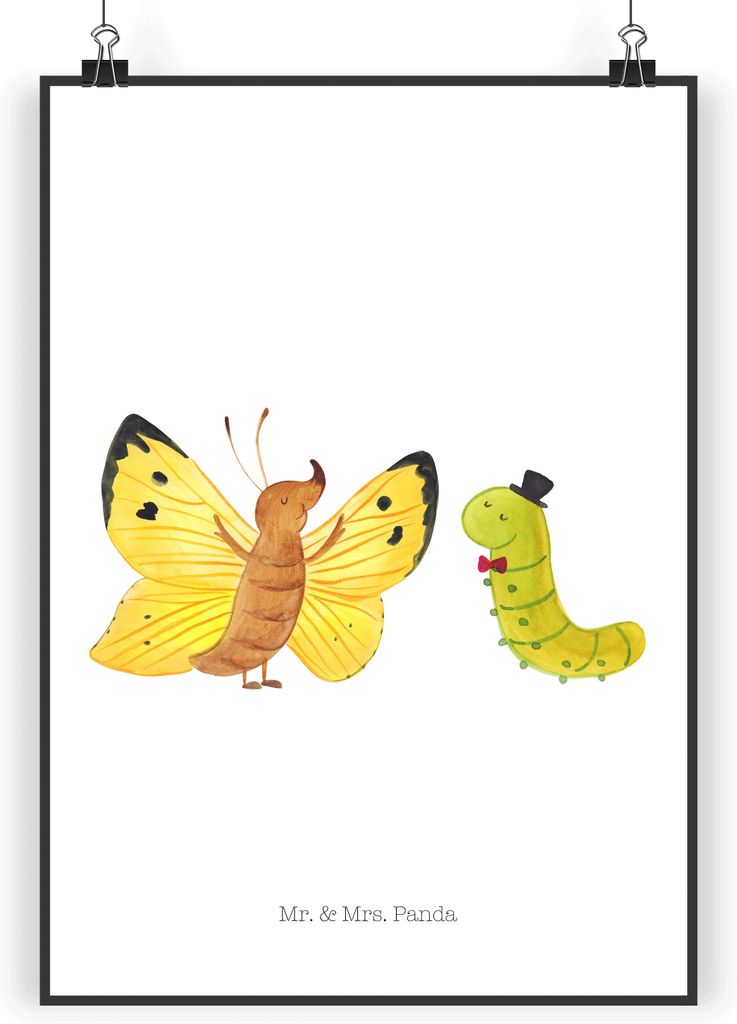 Mr. & Mrs. Panda Bild Raupe Schmetterling DIN A4 - Weiß - Geschenk, Lustige Sprüche, Deko, drucke, Schönheit, Posterdruck, Kunstdruck, Hut, Plak...