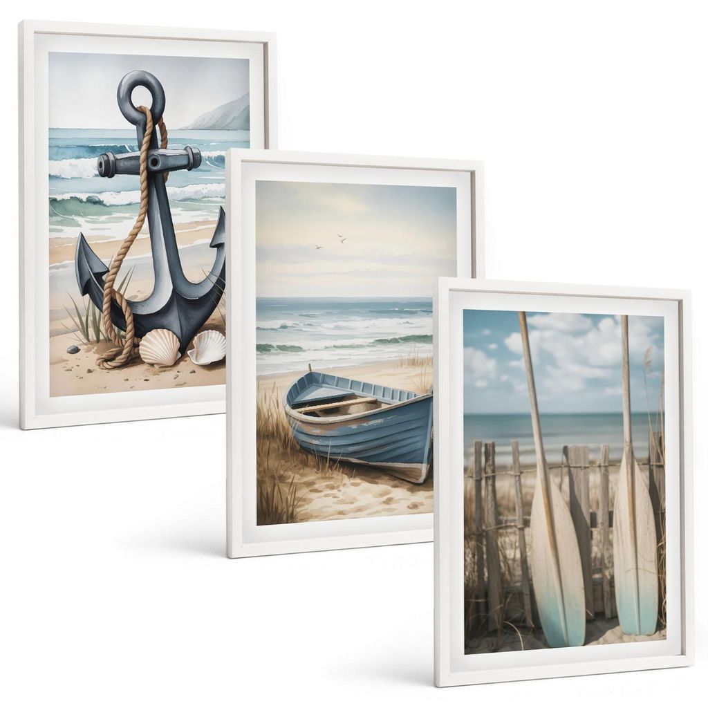 Bilder Set 3-teilig im weißen Rahmen – Wandbilder 3 Stück – gerahmte Poster für Wohnzimmer, Schlafzimmer und Flur – 40x60 cm – Anker, Bo...