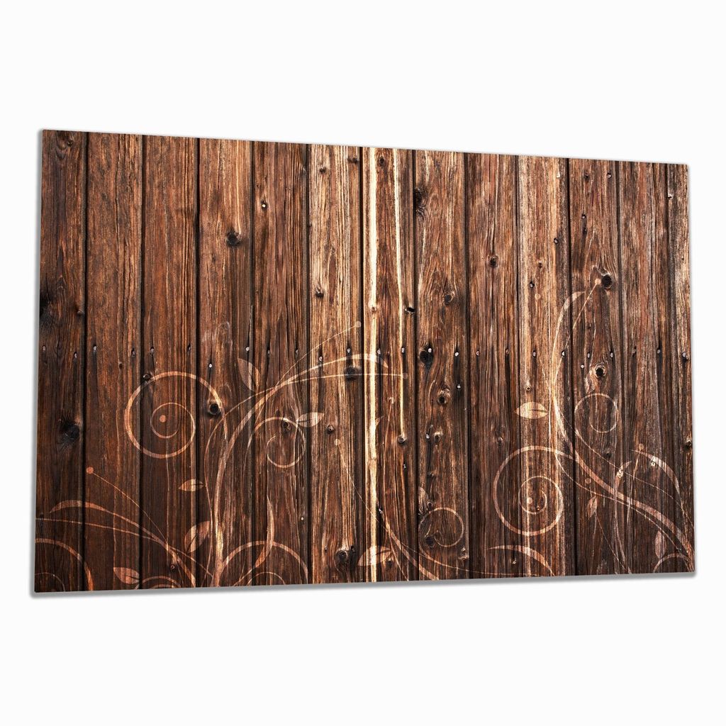 Wallario Herdabdeckplatte aus Glas, Größe 80 x 52 cm 1-teilig, Motiv Holz in dunkelbraun mit Blumenmuster - Schnörkel