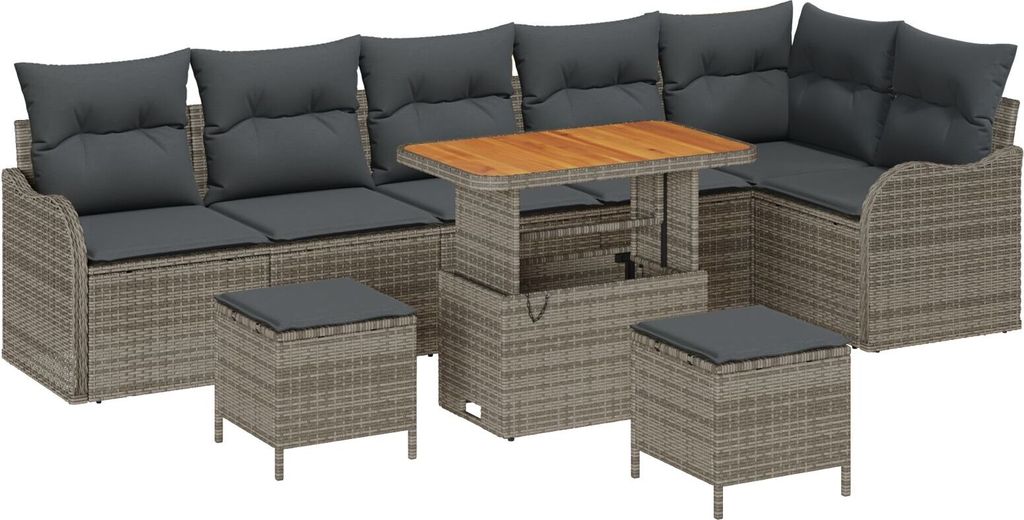 Möbel 9-teiliges Garten Sofa Set mit Kissen Grau Poly Rattan Akazie, 2-Sitzer Garten Sofa mit Kissen Grau Poly Rattan, 3-teiliges Garten Esstisch ...