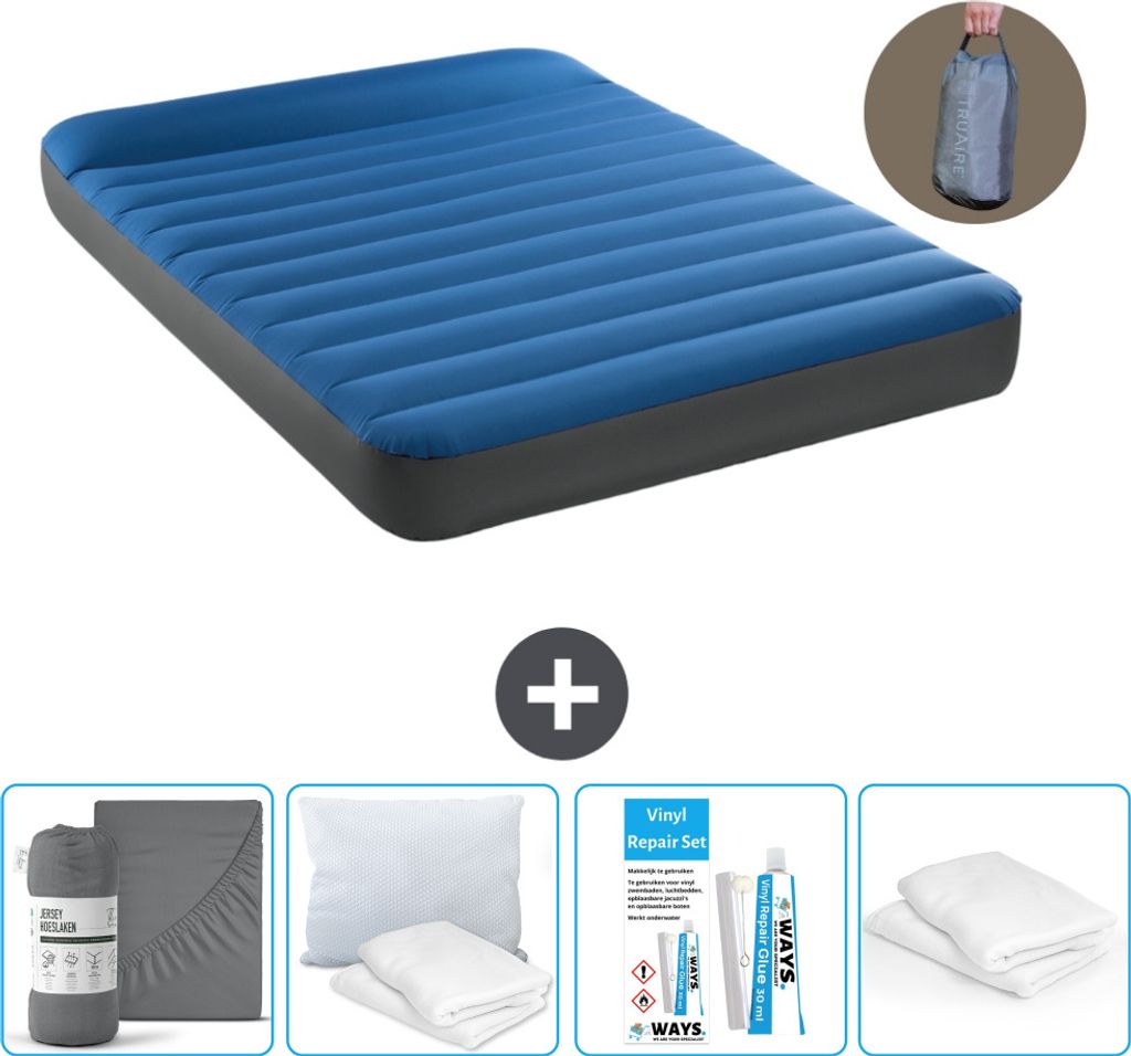 Intex Airbed - Doppelbett - 137 x 191 x 22 cm - Blau - Inklusive Pumpe - Spannbettuch - Küssen - Reperaturset en Kissenschutz