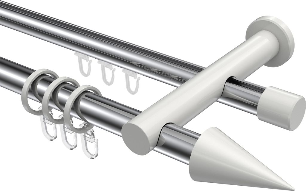 Interdeco Rundrohr-Innenlaufstange / Gardinenstange (Kombination) Chrom / Weiß, Typ Platon Savio (Kegel), 20 mm Ø 2-läufig, 320 cm