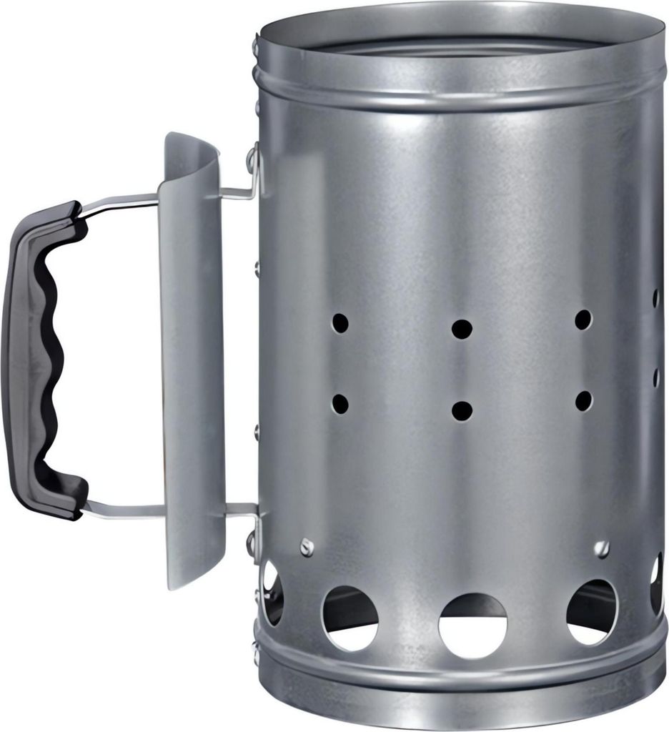 A charcoal chimney starter with a black handle, shown against a white background.