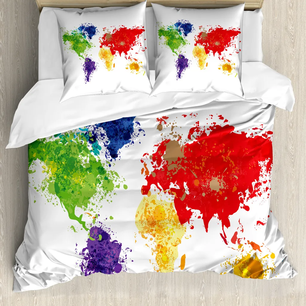 ABAKUHAUS Copripiumino con mappa del mondo, opera d'arte, antiacaro, adatto a chi soffre di allergie, con federe, 200 cm x 200 cm - 80 x 80 cm, rosso, viola e giallo