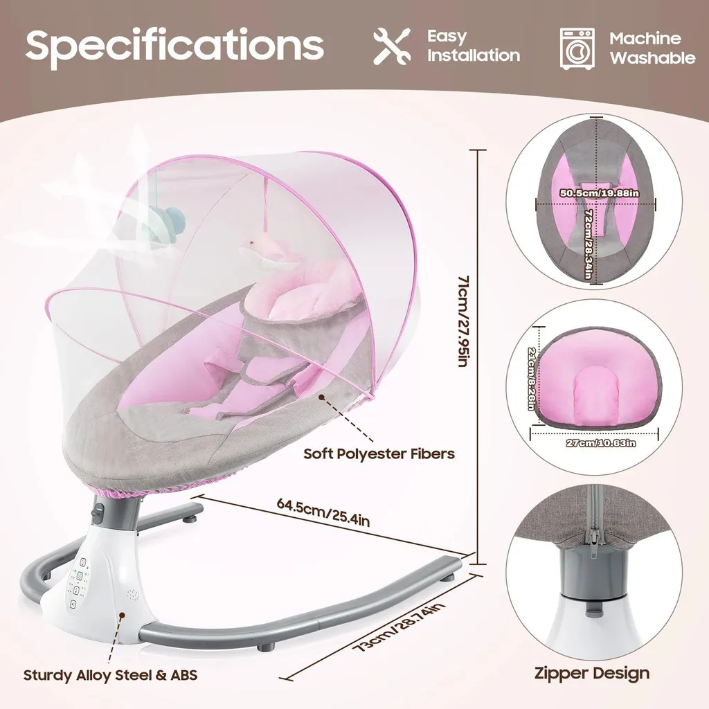 Transat Bébé Électrique - Stop aux Pleurs avec Balançoire Rose 18kg - 4