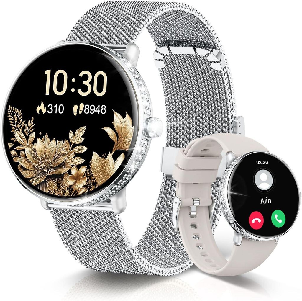 Smartwatch Damen Anrufe Annehmen/Tätigen, IP68 Fitness-Tracker mit Schlaf-Herzfrequenz-SpO2-Blutdruckmessung, Fitnessuhr Kompatibel mit iOS Android