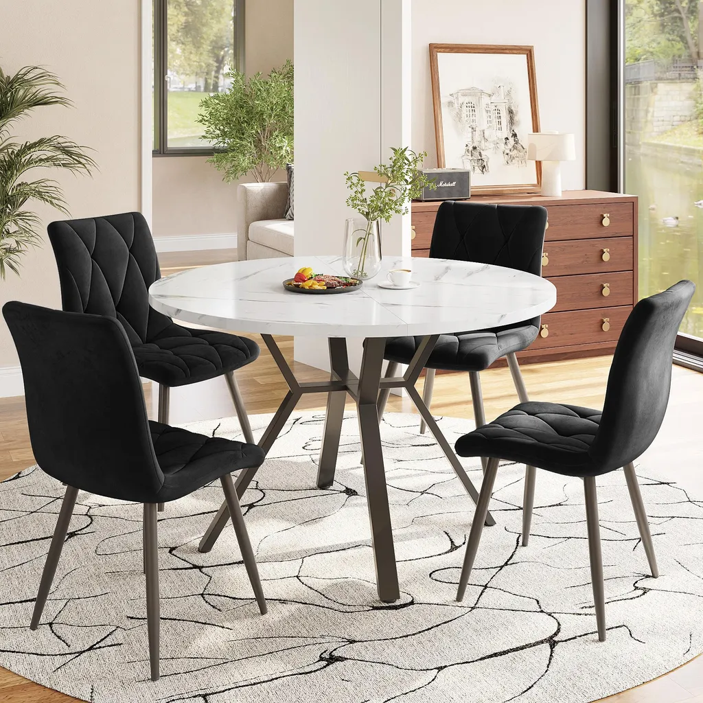 Table ronde en marbre Fortuna Lai avec 4 chaises ergonomiques en daim