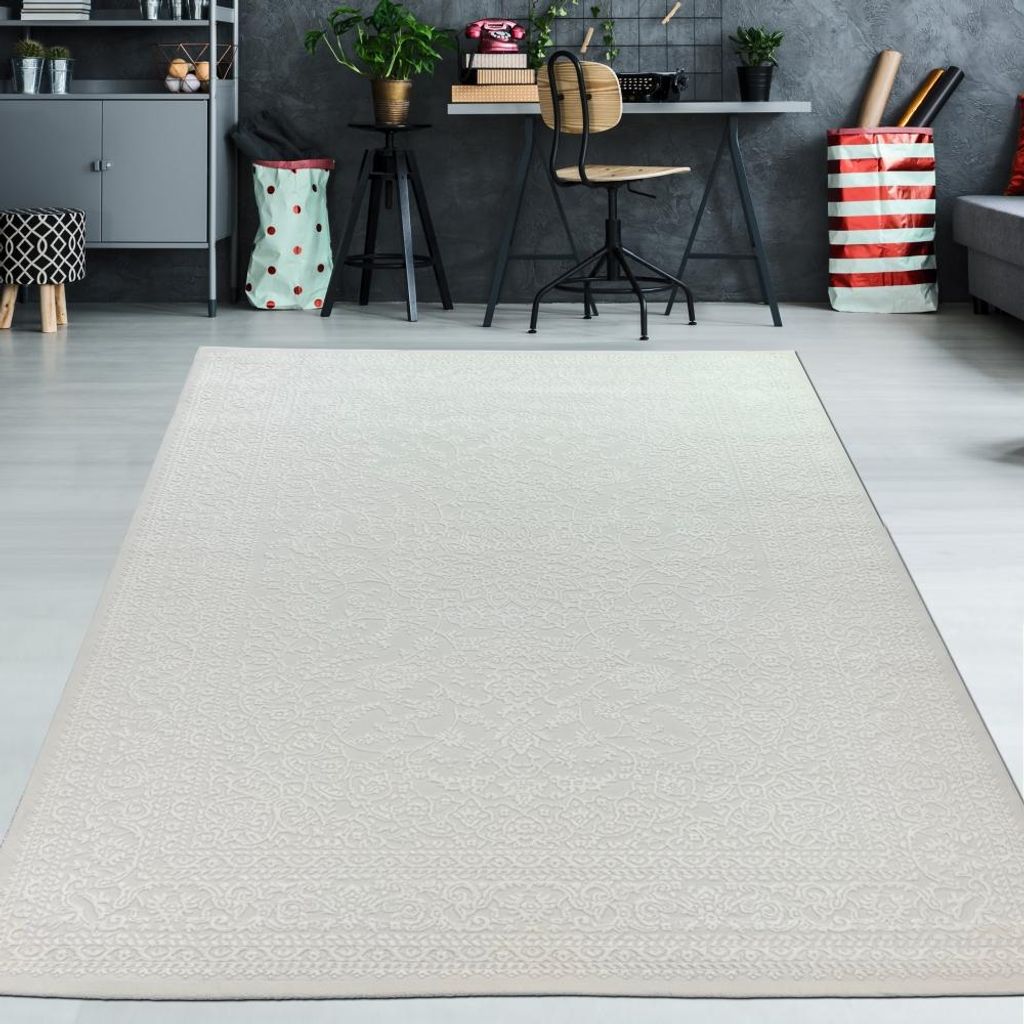 Eleganter recycel Teppich Optik zeitloses Design pflegeleicht mit Ornamentmuster in Creme Größe - 120 x 170 cm