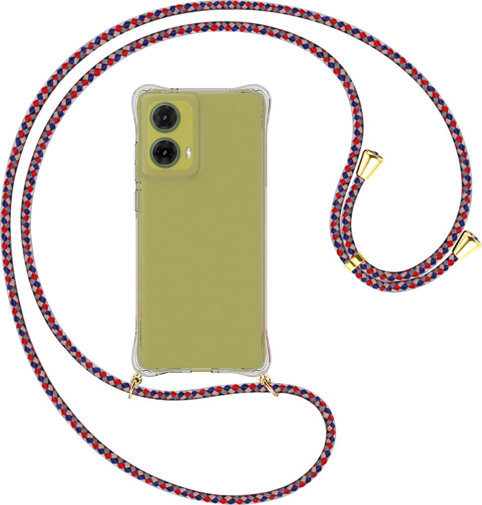 Handykette Backcover-Schutzhülle mit Band (Metall goldfarben) für Motorola Moto G85 5G - silber/blau/rot