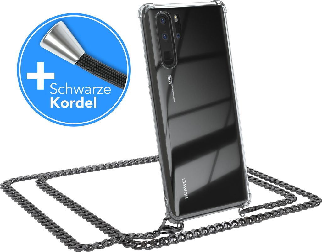 EAZY CASE Metall Handykette für Huawei P30 Pro, Handyhülle mit Umhängeband, Silikonhülle, Metallkette für Smartphone in Grau