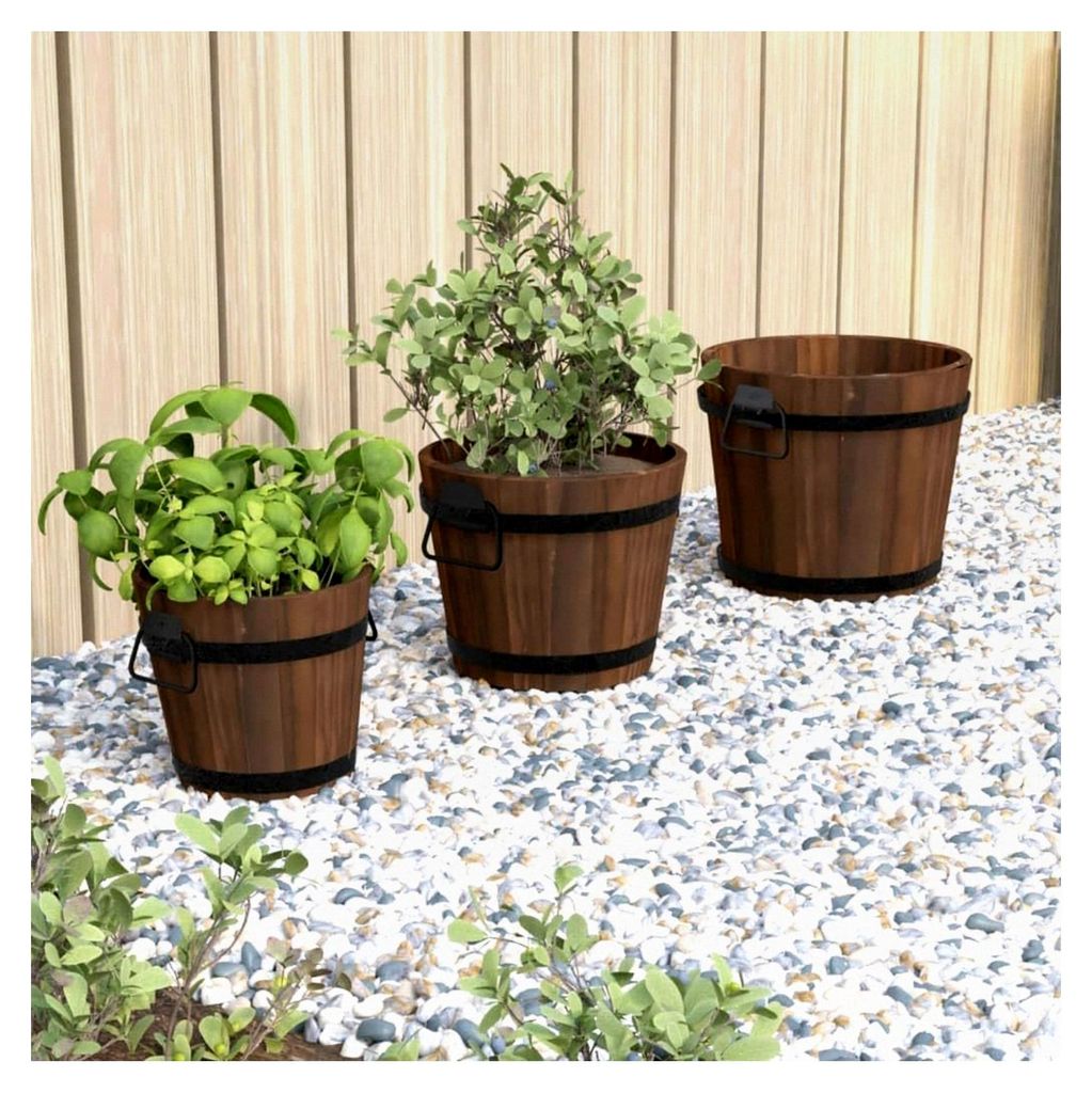 3-teiliges Pflanzeimer-Set aus massivem Tannenholz, Ø21cm, Ø17,5cm, Ø13,5cm, mit Drainageloch und Metallgriffen, für Garten, Balkon, Terrasse, ...