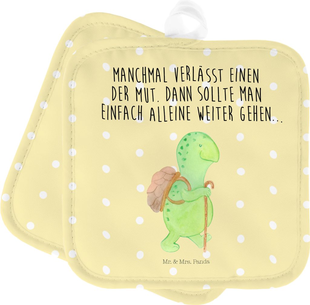 Mr. & Mrs. Panda Topflappen Schildkröte Wanderer - Gelb Pastell - Geschenk, topfhalter, Ofenlappen, Motivation, Set, Neuanfang, Mut, Rucksack, Sch...