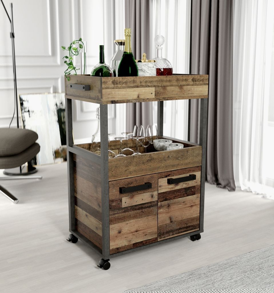 Servierwagen >Home Bar< auf Rollen, in Old-Wood Vintage Nachbildung / Betonoptik - 60x88,5x40cm (B/H/T)