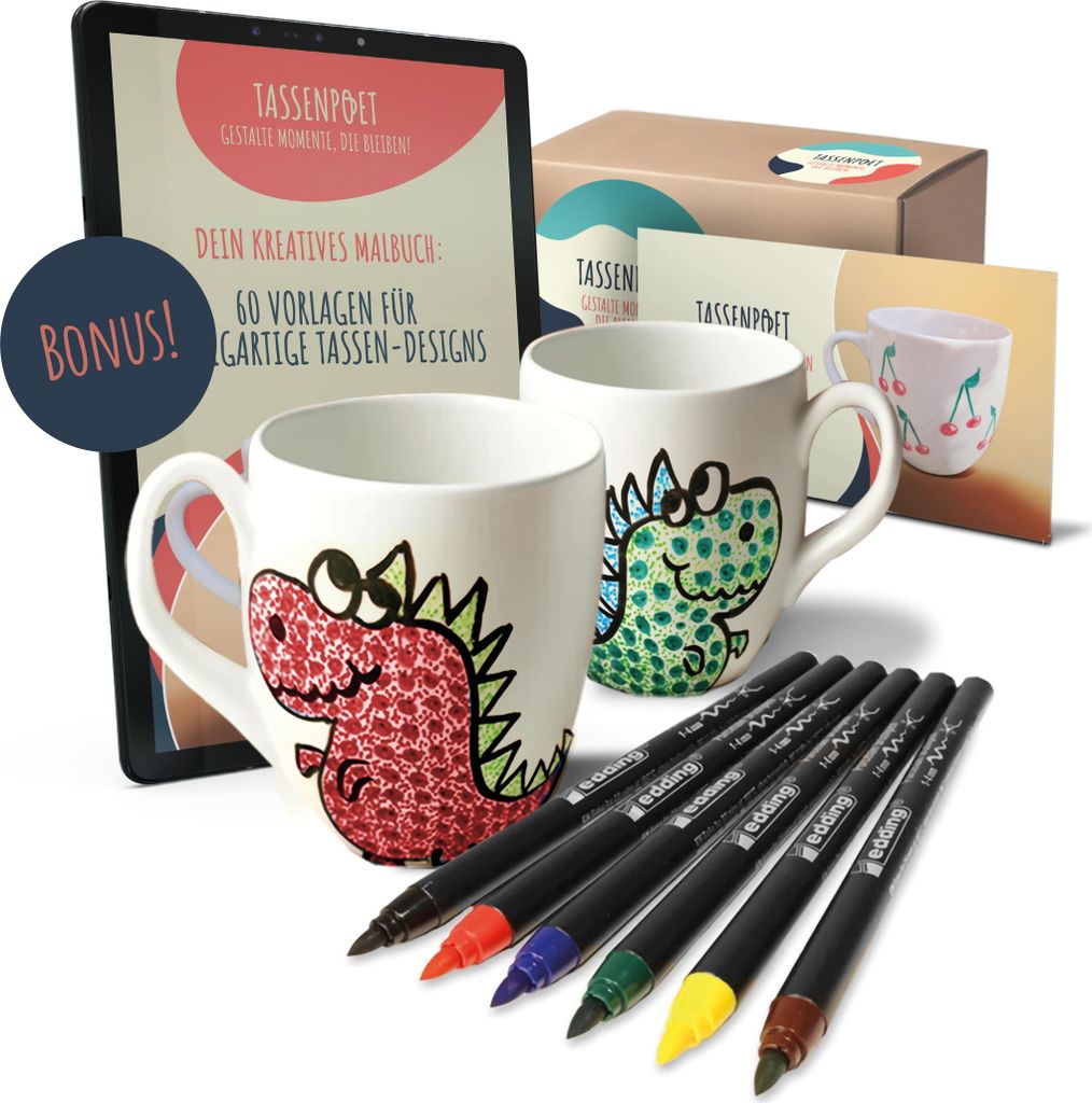 Veluxis Tassen zum bemalen - Tassen-Malset mit 2 Keramik-Tassen (400 ml) & 6 Malstiften – Set für Kinder, Geschenkidee für Familien, DIY-Tasse...