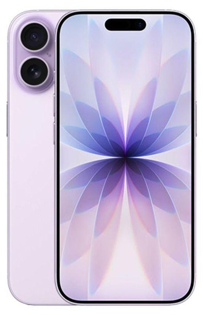 A lavender iPhone is shown from the back and front, displaying its camera lenses and a floral wallpaper on the screen.