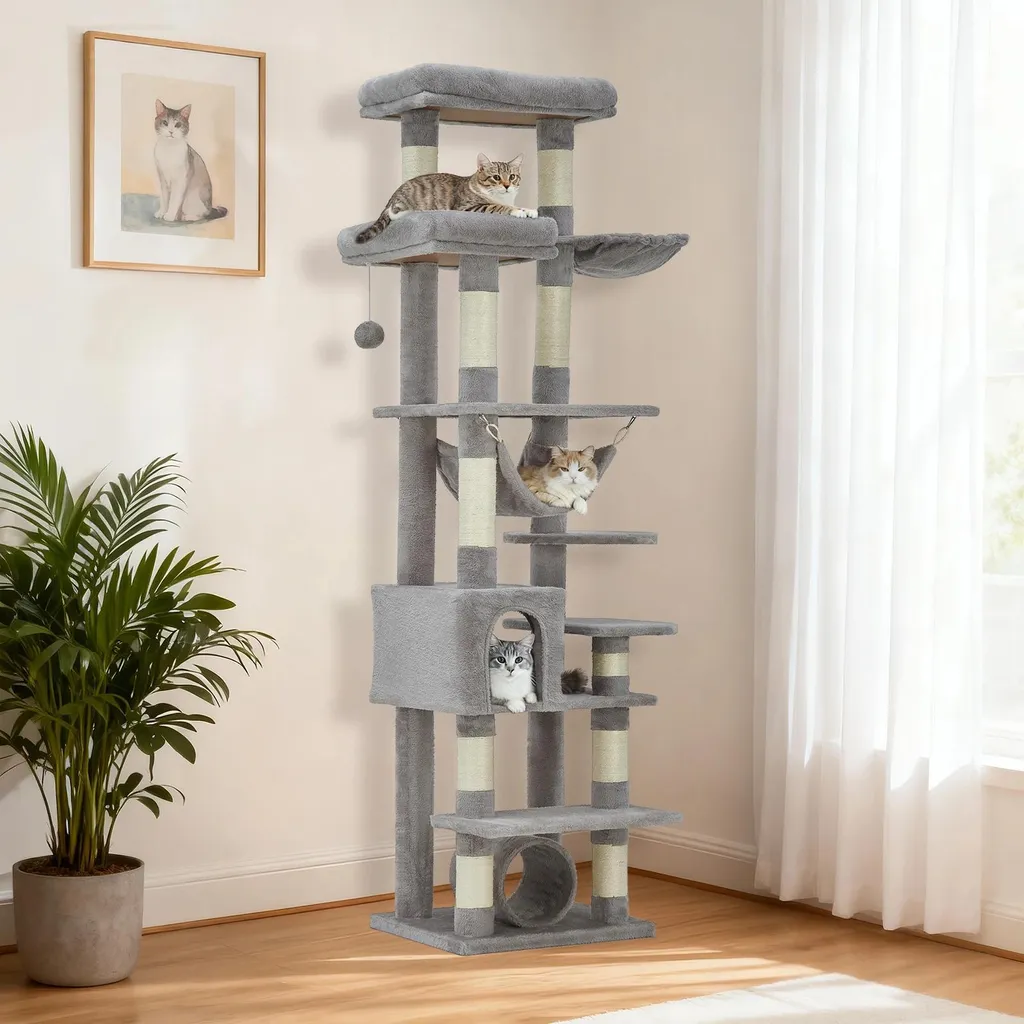 Arbre à chat XL Gris clair stable pour grands chats avec hamac douillet