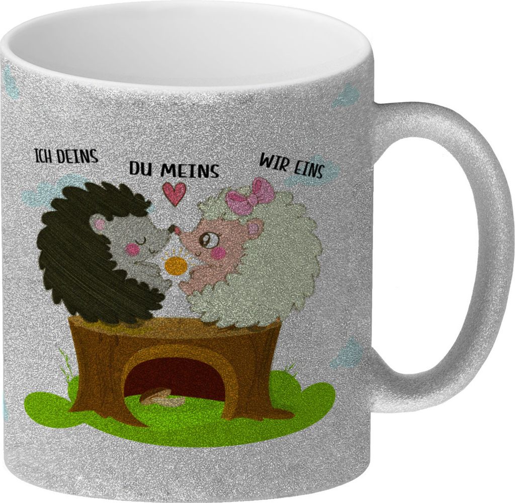 Igel Pärchen Glitzer-Kaffeebecher mit Spruch Ich deins du meins wir eins