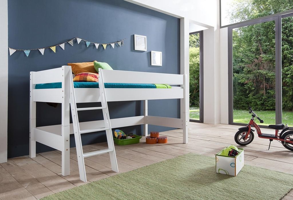 Halbhohes Einzelbett Kim Buche massiv weiß lackiert 90x200 cm