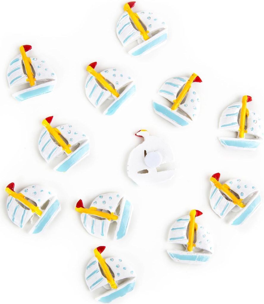 6 kleine Segelboote 2,5 cm weiß blau gelb mit Klebepunkt