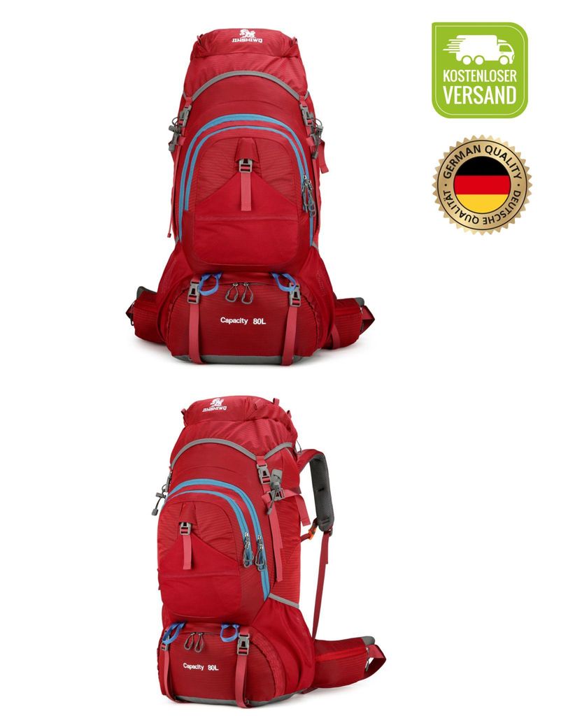 Wanderrucksack 80L Rot - Rucksack für Camping & Trekking mit Regenhülle - Großer Rucksack für Outdoor-Abenteuer (50x24x78 cm)