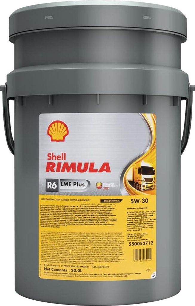SHELL Rimula R6 LME Plus für 5W-30 20 Liter Motoröl Motorenöl CUMMINS CES 20081 CUMMINS CES 20086 CATERPILLAR ECF-3 DDC DFS 93K222 DDC DFS 93K21...