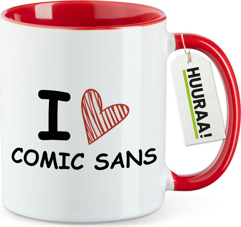 Huuraa Kaffeetasse I love Comic Sans Herz 330ml Rot Keramik Kaffeebecher Geschenkidee