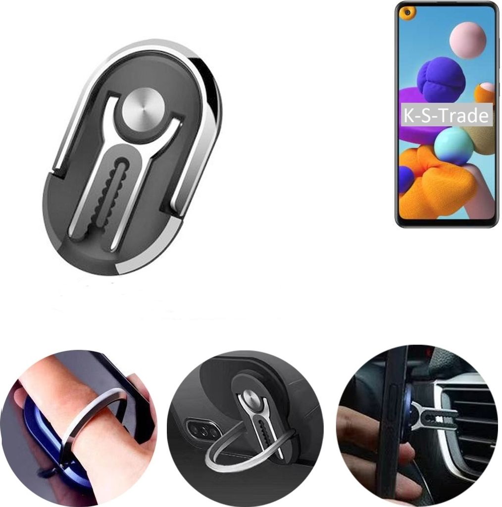 K-S-Trade 3in1 Smartphone-Ring Handy-Ring kompatibel mit Samsung Galaxy A21s Fingerhalterung Handyring Tischständer Lüftungsgitter-Halterung Tisch