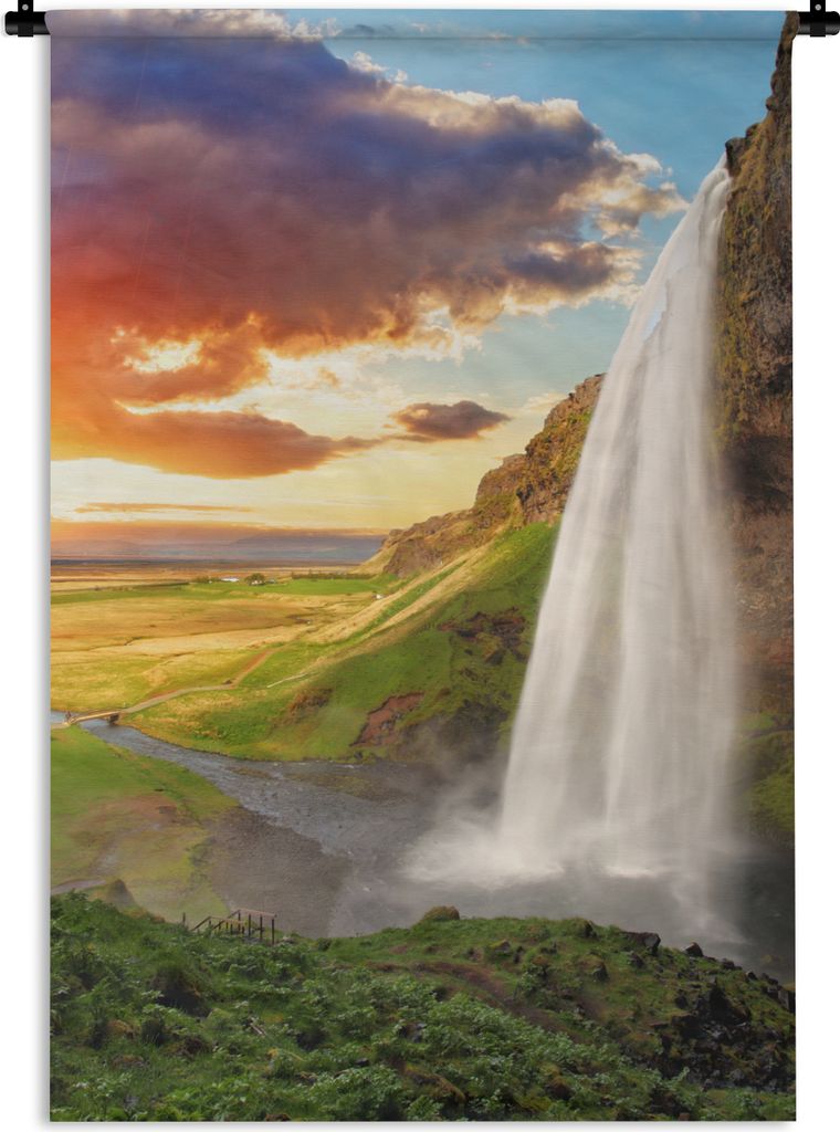 MuchoWow Wandteppich Wandbehang Wasserfall - Felsen - Sonnenuntergang - Berge - Orange 60x90 cm Tapisserie Dekoration Wandtuch - Foto-Teppich - A...