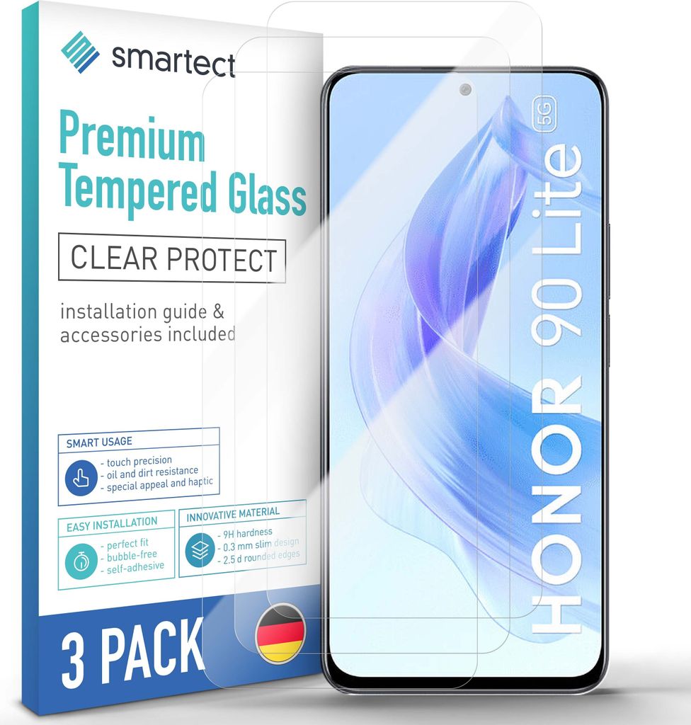 A product packaging for a screen protector for a smartphone, with the phone itself partially visible.