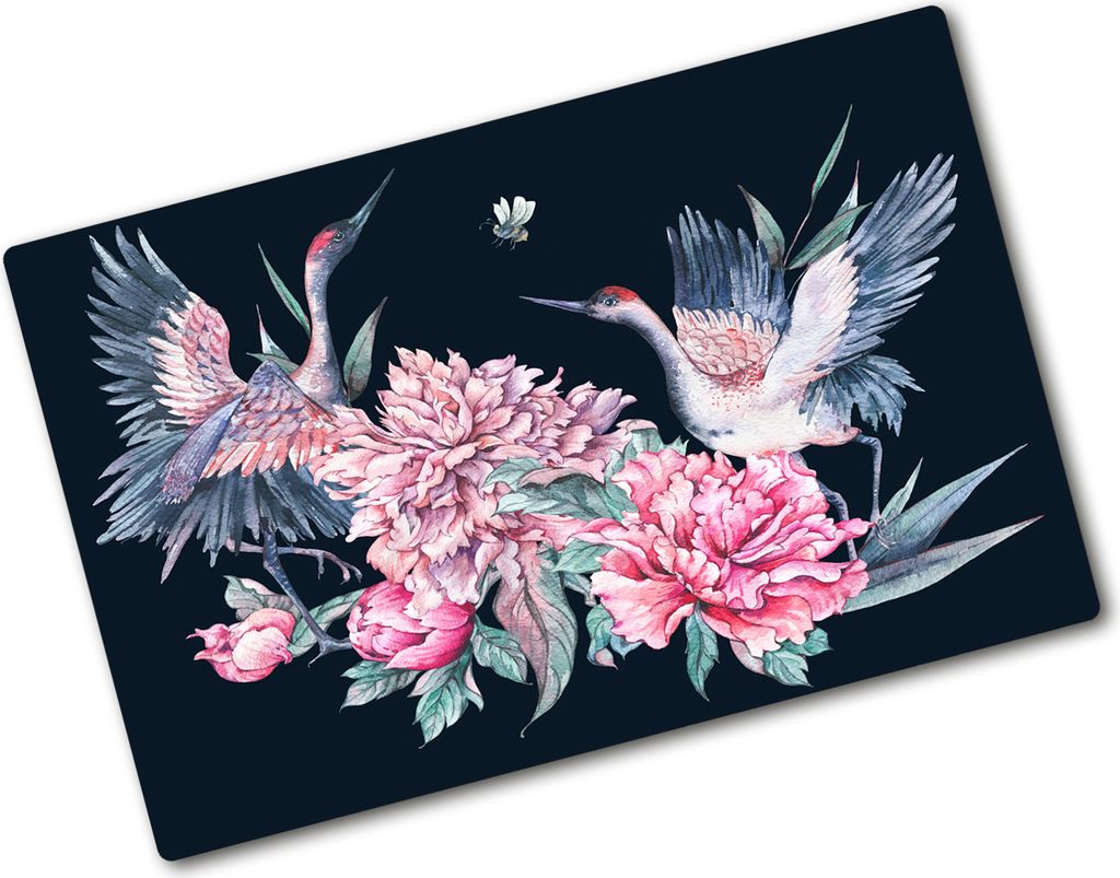 Tulup Glas Herdabdeckplatte - 80x52 cm - Glaskeramikkochfeld-Abdeckung Spritzschutz Glasabdeckplatte - Einteilig - Tiere - Kräne Pfingstrosen - Me...