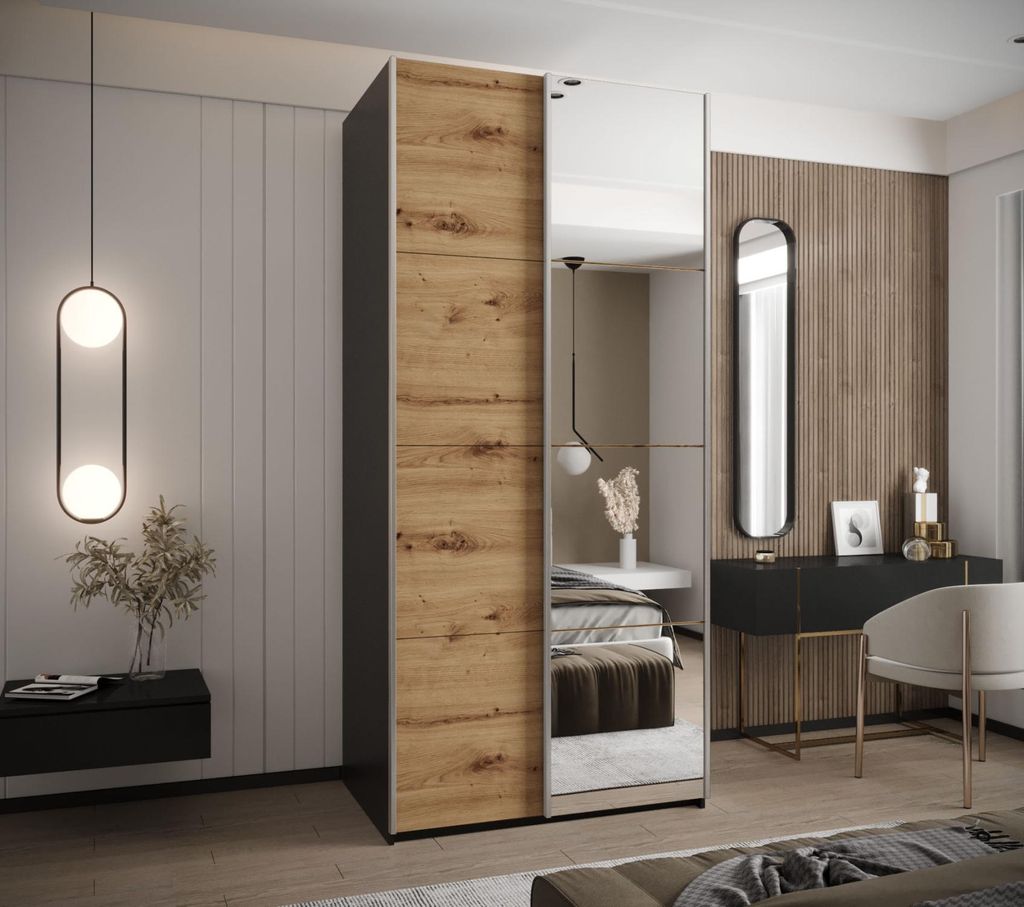 Zweitüriger Kleiderschrank SAMARA 3 – 120 cm, Schwarz/Eiche handwerklich/Silber