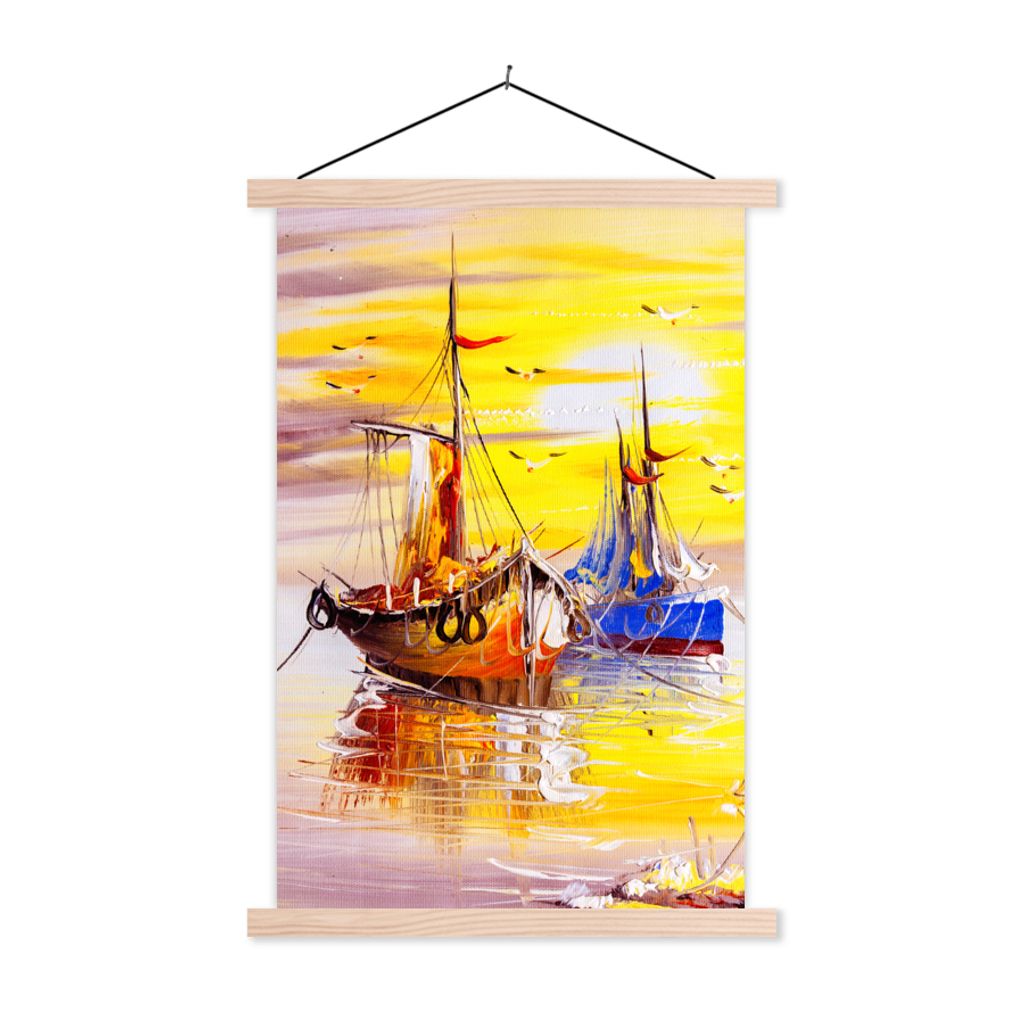 MuchoWow Textilposter Malerei - Boot - Wasser - Ölfarbe 120x180 cm mit holzfarbenen Rahmen - Textil-Plakat