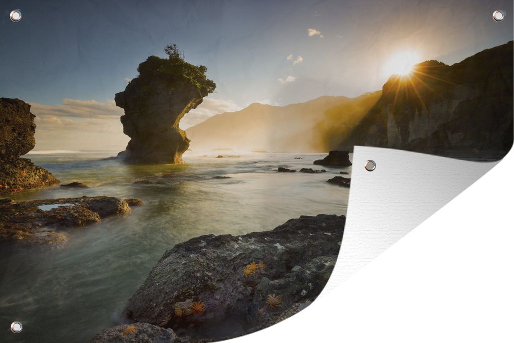 MuchoWow 90x60 cm Outdoor-Poster Gartendeko Sichtschutz Garten Poster für den Garten Sonnenaufgang am Strand in Neuseeland