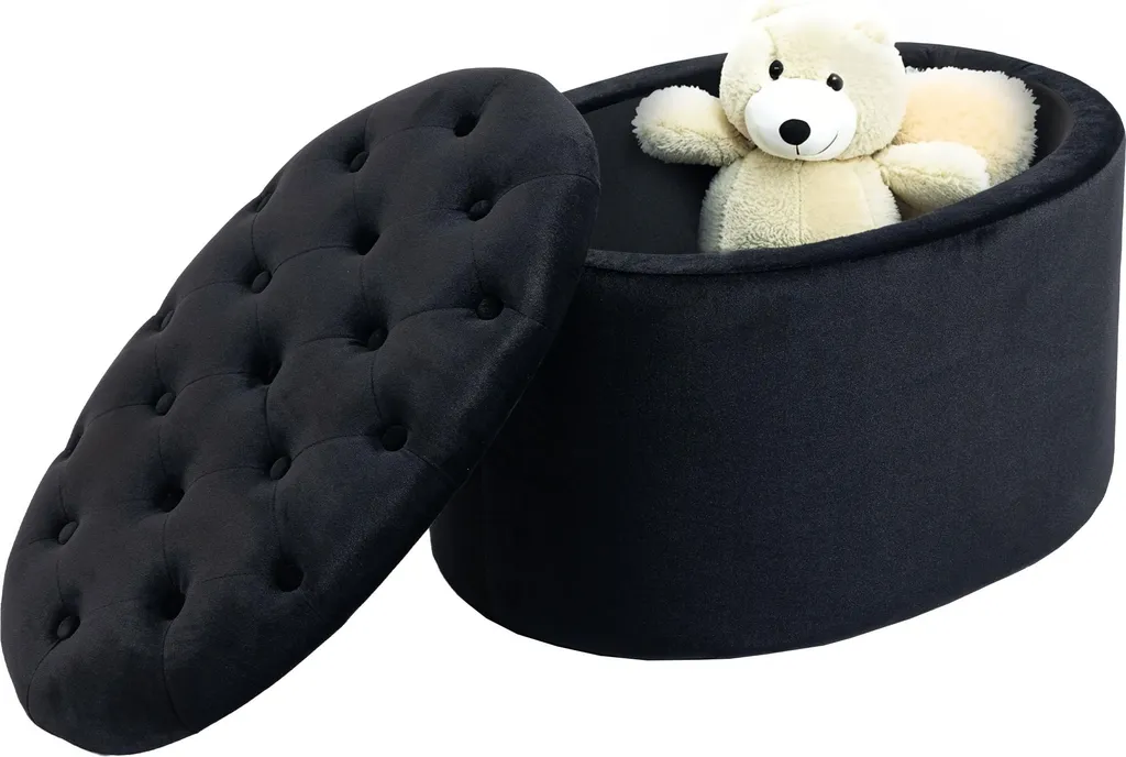 Pouf Repose-pieds Ovale avec Coffre de Rangement en Tissu Noir Velouté